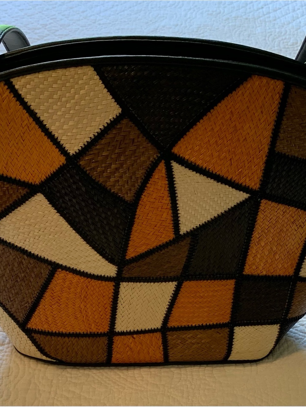 Vintage Le Sac Geometric Patchwork Woven Straw and Leather Tote Bag